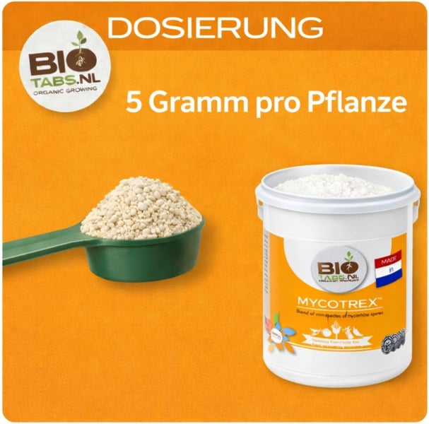 BioTabs Logo, Dosierung von 5 Gramm Mycotrex pro Pflanze mit Messlöffel und Granulatbehälter.