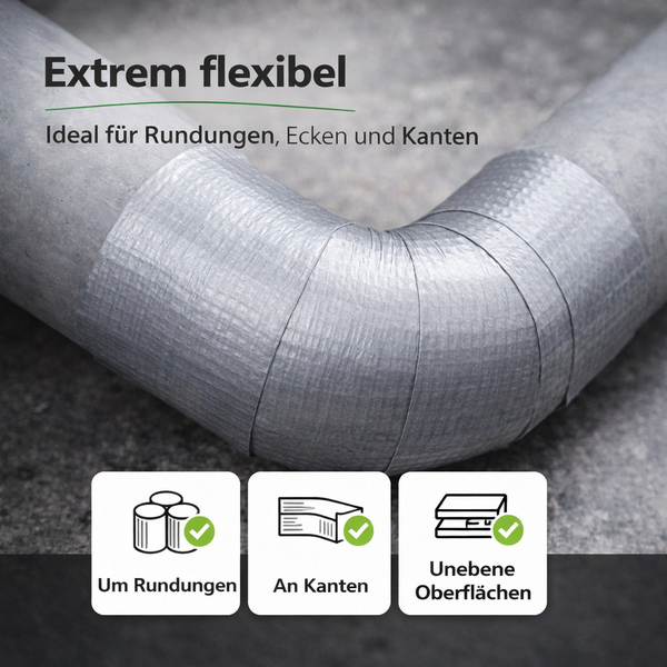 Flexibles Reparaturband um ein gebogenes Rohr gewickelt, geeignet für Rundungen, Kanten und unebene Oberflächen.