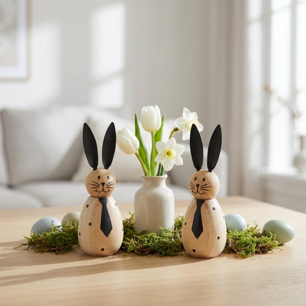 Zwei hölzerne Osterhasen als Tischdekoration mit Blumen in einer Vase, Moos und Ostereiern auf einem Holztisch.