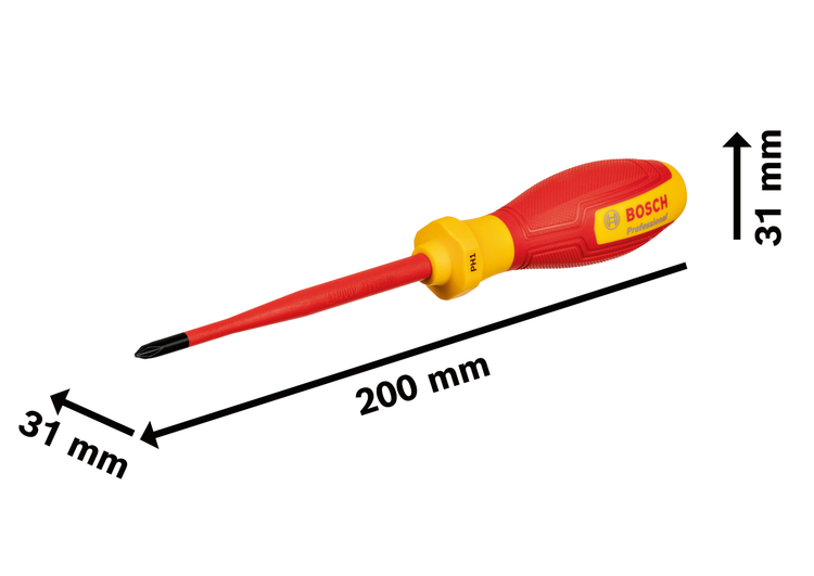 Bosch Professional VDE-Kreuzschlitzschraubendreher PH1 mit einer Gesamtlänge von 200 Millimeter und einer Griffbreite von 31 Millimeter.