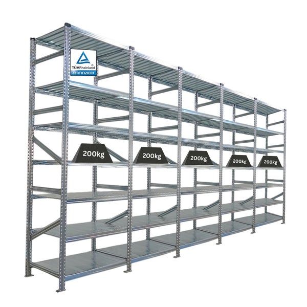 Metallregal mit fünf Fächern und TÜV Rheinland Zertifizierung