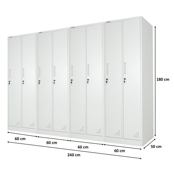 Metall-Spindschrank mit acht Türen, Proregal Logo, Breite 240 Zentimeter, Höhe 180 Zentimeter, Tiefe 50 Zentimeter.