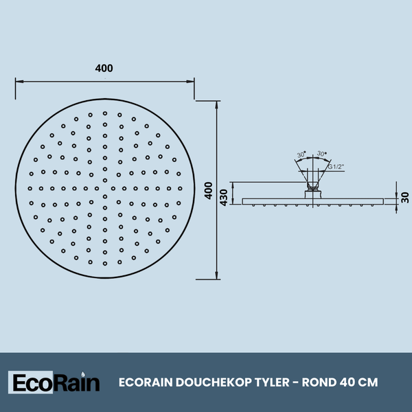EcoRain 30% Wassersparender Regenduschkopf Tyler 40 CM Rund - Hoher Wasserdruck - Universeller Anschluss - Anti-Kalk Duschkopf - Schwarz