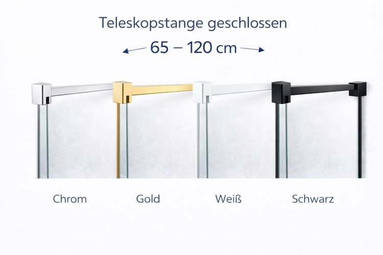 Teleskopstange für Duschwände, ausziehbar von 65 bis 120 Zentimeter, in den Ausführungen Chrom, Gold, Weiß und Schwarz.