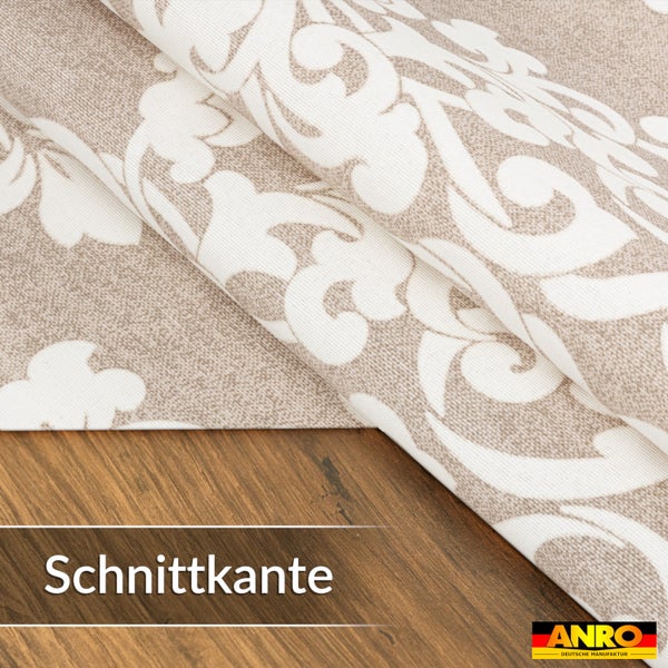 Tischdecke aus Damast mit floralem Muster und Schnittkante, ANRO Logo.
