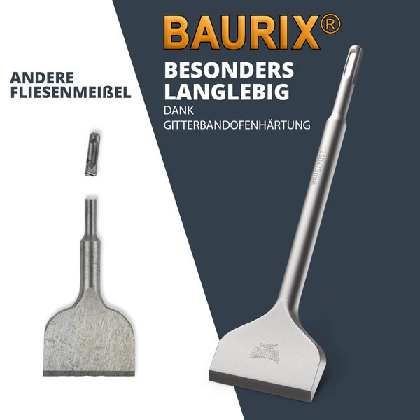BAURIX® Fliesenmeißel SDS Plus Meißel [250x75 mm] I FRAKTOR®-System - Mühelos Fliesen entfernen I Abgewinkelter Flachmeißel breit für Fliesen und Fliesenkleber I 42CrMo-Spezialstahl