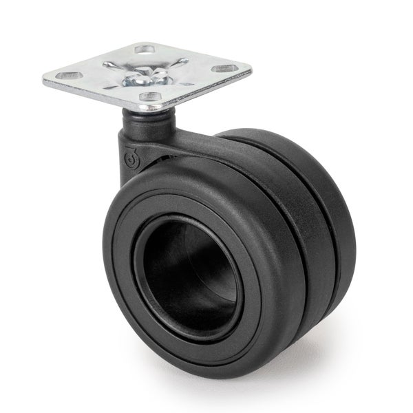 Möbel-Doppelrolle aus schwarzem Kunststoff mit metallischer Anschraubplatte.