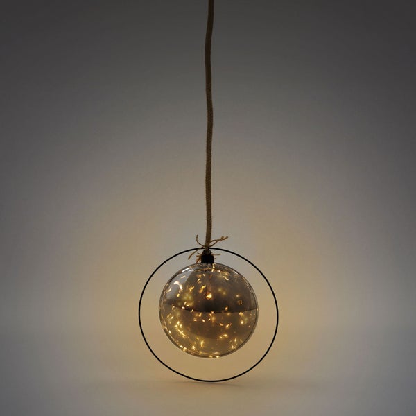 ECD Germany LED-Weihnachtskugel Ø18cm, 40 LEDs, 80cm Seil, Deko Leuchtkugel zum Hängen, Warmweiß, Schwarz, Glaskugel mit Beleuchtung & Metallring, batteriebetrieb + Timer, Innen, Kugel Weihnachtsdeko