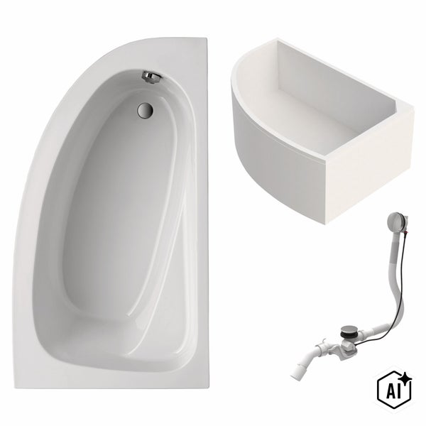 Eckbadewanne mit Schürze und Ab- und Überlaufgarnitur in der Draufsicht und perspektivischer Ansicht