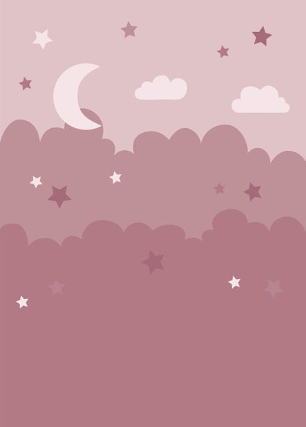 Illustration mit Mond, Wolken und Sternen.