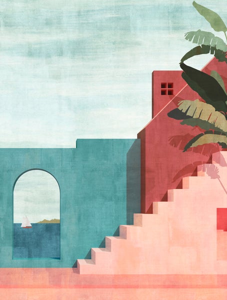 Modernes Wandbild mit geometrischer Darstellung einer mediterranen Küstenszene mit Treppe, Torbogen, Blick aufs Meer und Palmblättern.