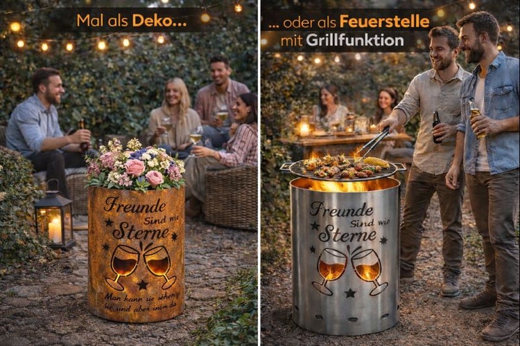 Feuerstelle mit Grillfunktion und Deko-Element im Garten mit Freunden