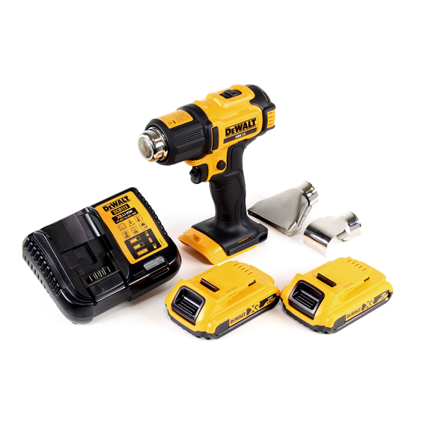 DeWalt Akku Heißluftpistole 18 Volt XR inklusive zwei 2,0 Amperestunden Akkus, Ladegerät und zwei Düsen.