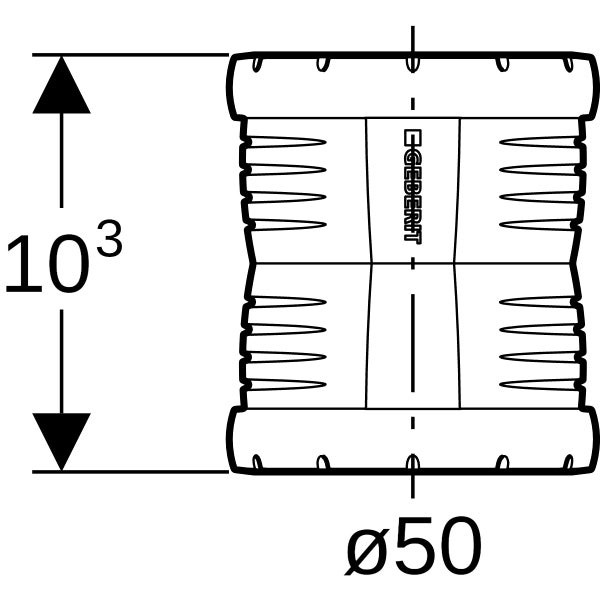 Geberit Muffe mit einem Durchmesser von 50 Millimeter und einer Höhe von 103 Millimeter.