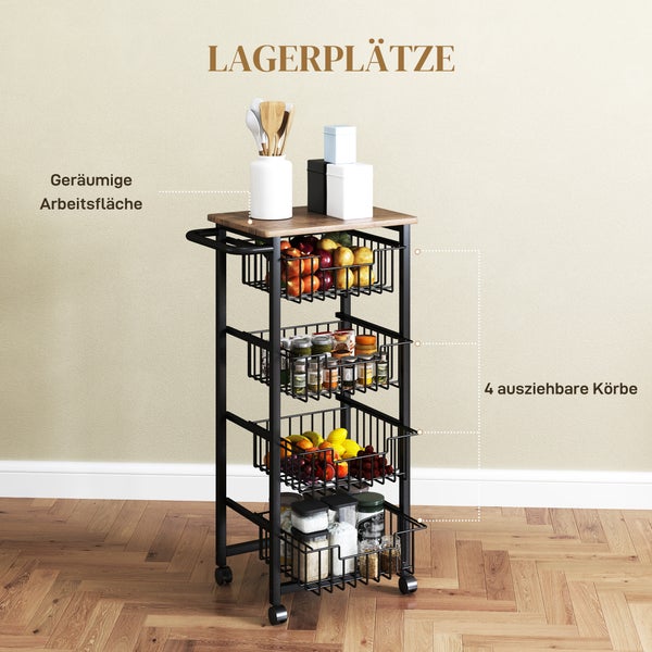 HOMCOM Küchenwagen Servierwagen mit Arbeitsplatte, 4 ausziehbaren Stahlkörben, Rollwagen für Büro, 49,5 x 31 x 91 cm, Eiche