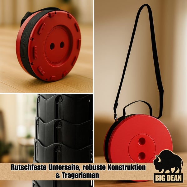 Zusammenklappbarer Hocker mit rutschfester Unterseite, robuster Konstruktion und Trageriemen