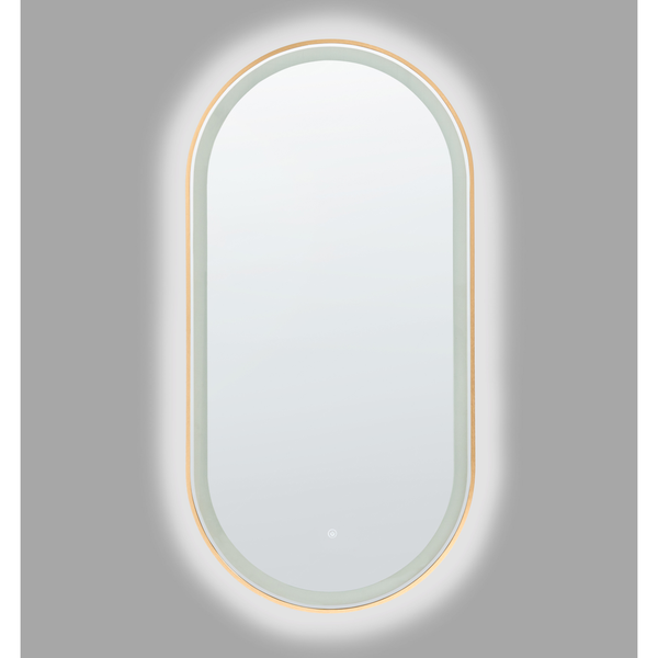 Ovaler Badezimmerspiegel mit LED-Beleuchtung, Holzrahmen und Touch-Sensor.