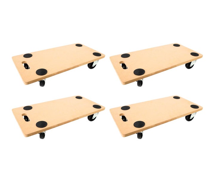 Vier Möbelroller aus Holz mit Tragegriff, Antirutschpunkten und vier Lenkrollen.
