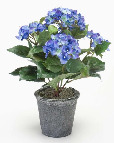 Künstliche Hortensie mit blauen Blüten in grauem Topf mit Steinoptik.