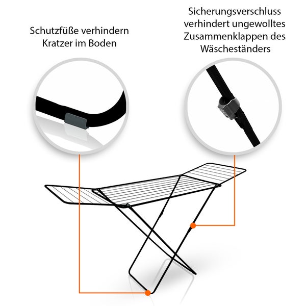 BigDean Wäscheständer Schwarz zusammenklappbar 18m Trockenlänge – Wäschetrockner Ständer mit X-Beinen für stabilen Stand – Wäscheständer ultra leicht & Made in Europe