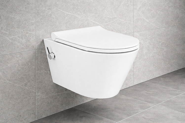 Wandhängendes Dusch-WC mit geschlossenem Deckel und seitlichem Bedienhebel an einer gefliesten Wand.