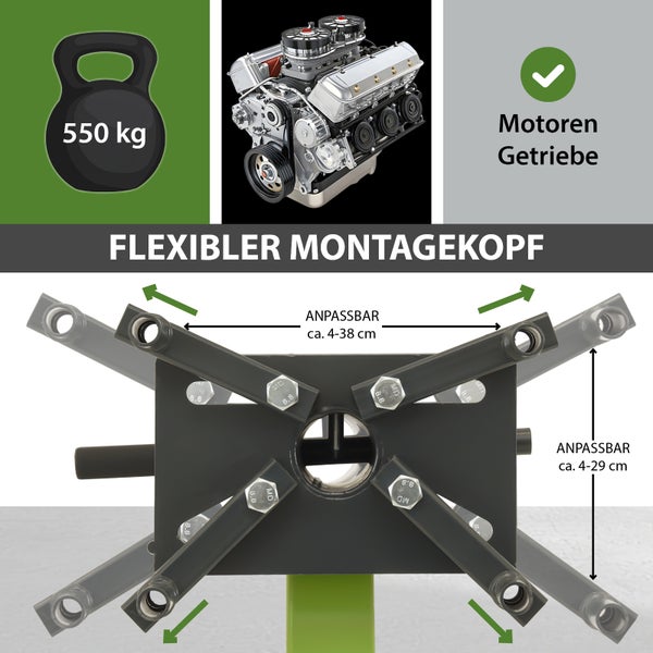 Motorständer Stahl Tragkraft 550 kg 360° Montagekopf 4 Räder Motorhalter Montageständer mobil grün