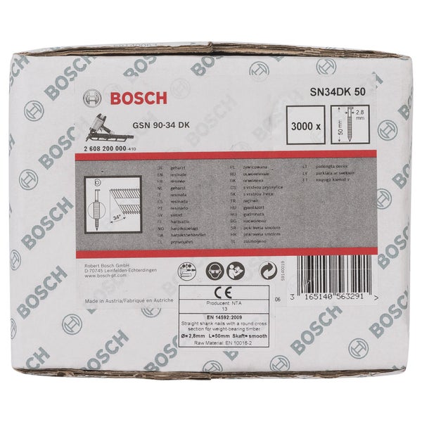 Bosch Streifennägel SN34DK 50, 3000 Stück, 50 Millimeter Länge, 2,8 Millimeter Durchmesser, 34 Grad Winkel, geharzt.