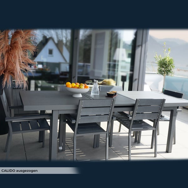 Home Deluxe - Gartentisch ausziehbar - CALIDO - ca. 180 (240) x 97,5 x 76,5 cm -Gestell und Tischplatte, Gestell Aluminium, Tischplatte Glas, inkl. Zubehör I Gartenmöbel Ausziehtisch Balkonset