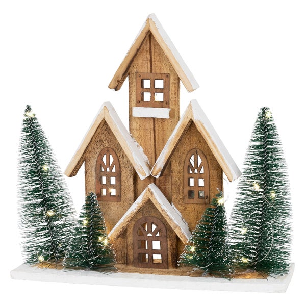 ECD Germany Holz-Weihnachtshaus mit LED-Beleuchtung, Warmweiß, 32x9x30 cm, batteriebetrieben, Timer, Deko Holzhaus 4 Tannen, Dekorative Winterhaus beschneit, Weihnachtsdeko Innen, Weihnachtsdekoration