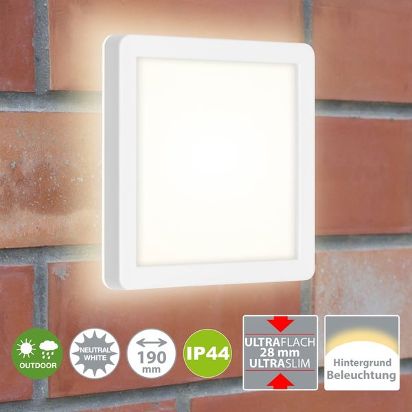 BRILONER FRANKFURT LED Außenwandleuchte, IP44 Spritzwasserschutz, Backlighteffekt, Neutralweißes Licht, weiß, 19 x 19 x 2,8 cm