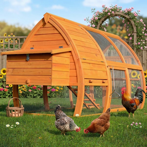 Hühnerstall aus Holz mit gewölbtem Dach, integriertem Auslauf und Nistkasten in einem Garten mit Hühnern.