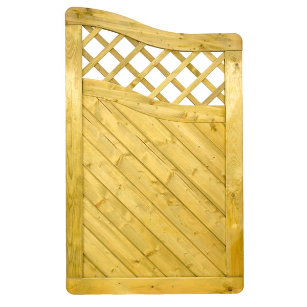 Holzzauntor mit diagonalen Brettern und Gittereinsatz