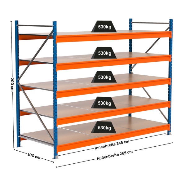 Regal mit fünf Ebenen zur Lagerung mit einer Traglast von 530 Kilogramm pro Ebene