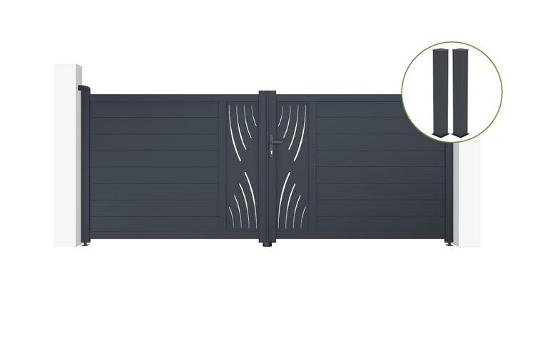 Flügeltor 3,5 m VELETA H.140 cm graues Aluminium + 2 Pfosten 20 x 20 cm H. 166 c