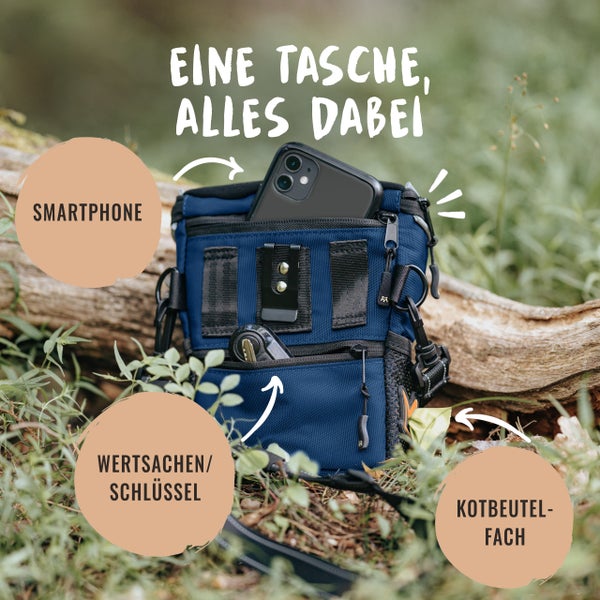 Blaue Hundetasche mit Fächern für Smartphone, Wertsachen, Schlüssel und Kotbeutel