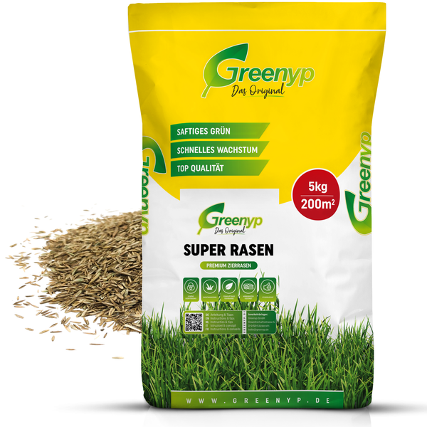 Greenyp Super Rasen I sattgrüner Premium Zierrasen I 5kg für 200m² I Traumrasen Nachsaat Grassamen Rasensamen Rasensaat Gras schnellkeimend