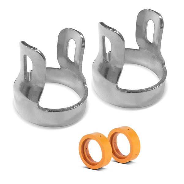 Zwei Metallschellen mit zwei Dichtungsringen aus Kunststoff.