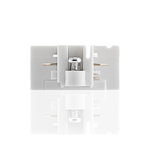 Grauer elektrischer Verbinder für LED Schienensysteme aus Kunststoff und Metall mit Schraubklemme.