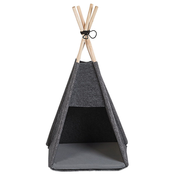 Ein Tipi-Zelt für Haustiere aus Filz mit Holzstangen und einem herausnehmbaren Kissen für Hunde und Katzen.