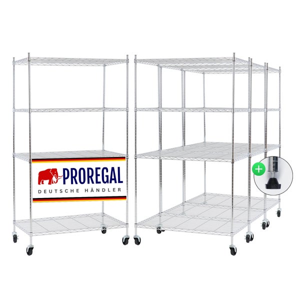 ProRegal Gitterregal mit 4 Böden und Rollen. Schwerlastregal aus Metall inklusive verstellbarer Standfüße. ProRegal Logo.