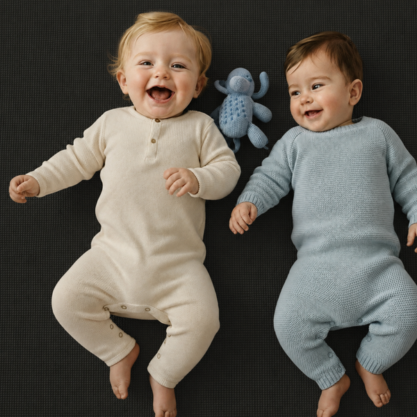 Zwei Babys in gestrickten Stramplern in Beige und Hellblau auf einer strukturierten Matte mit einem kleinen blauen Stricktier.