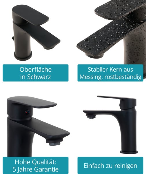 Detailansichten einer schwarzen Armatur mit Hinweisen zu Wassertemperatur, Wassersparfunktion, Keramikkartusche und Auslaufhöhe.