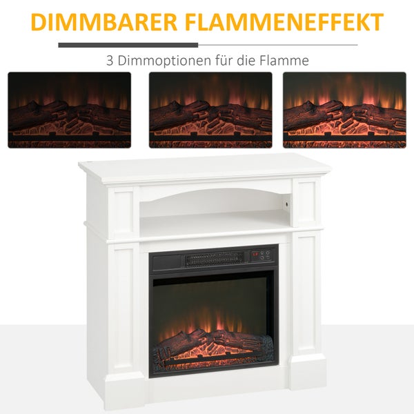 HOMCOM Elektrokamin Standkamin mit Heizung, 3D LED-Flammeneffekt, Regal, 1800 W Elektrischer Kamin mit Fernbedienung, Timer, Überhitzungsschutz für Wohnzimmer, Schlafzimmer, Weiß