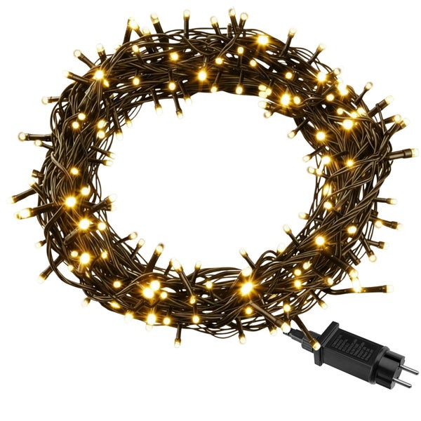 LED Lichterkette mit warmweißen Lichtpunkten aufgewickelt zu einem Ring mit Netzstecker und Timerfunktion