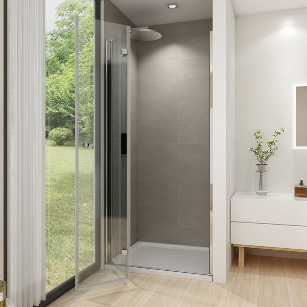 EMKE Duschtür Nischentür Falttür 90x185 cm, 180°faltbare Duschabtrennung, 6 mm ESG Sicherheitsglas, Rundgriff, Duschwand faltbar, Duschkabine Bad, für Nische