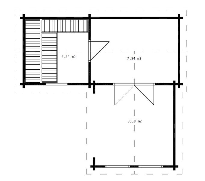 Grundriss eines Gartenhauses mit integrierter Sauna. Drei Bereiche mit 5,52 Quadratmetern, 7,54 Quadratmetern und 8,38 Quadratmetern.
