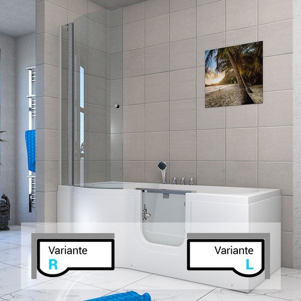Modernes Badezimmer mit weißer barrierefreier Badewanne inklusive Tür, Glas-Duschwand, verchromten Armaturen und großformatigen Fliesen.