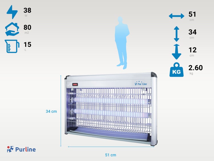 Pur Line Insektenvernichter mit den Maßen 51 x 34 x 12 Zentimeter und einem Gewicht von 2,6 Kilogramm.