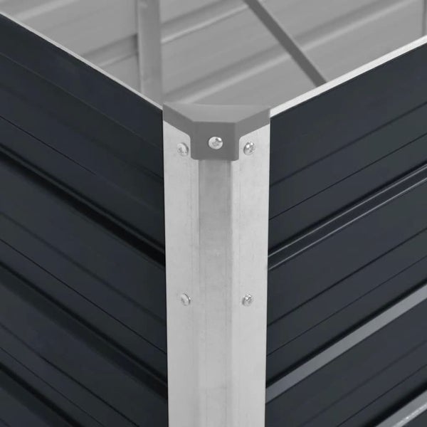 Detailansicht einer Eckverbindung eines Hochbeets aus Metall mit Eckprofil und Abdeckkappe.