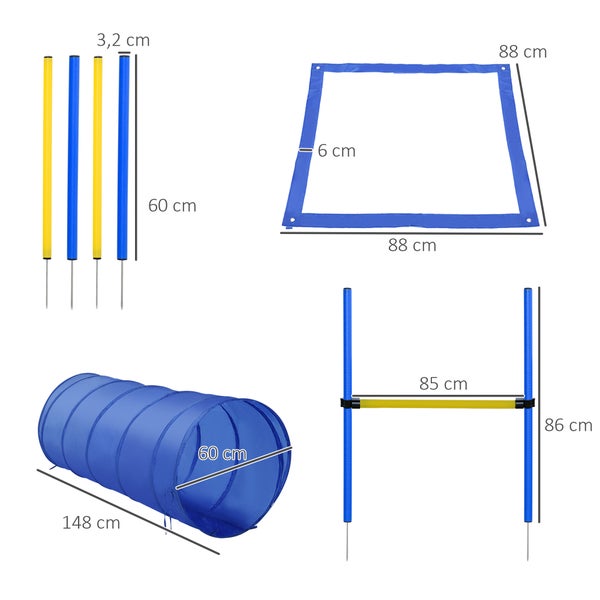 PawHut Hund Agility Set, Φ60 x 148L cm, PE, Polyester, Gelb+Blau
